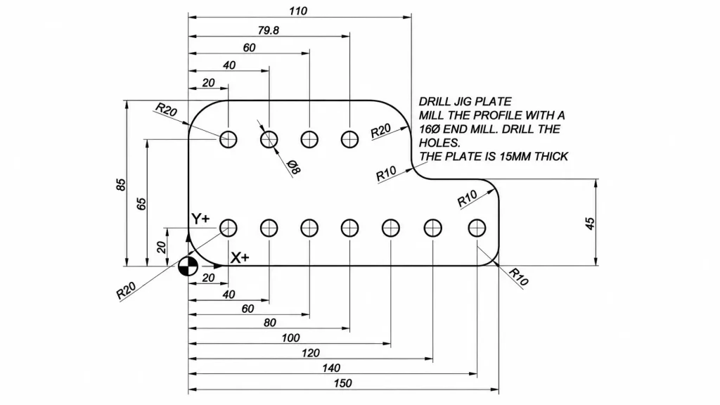 CNC drilling part drawing showing hole diameters and locations for design review。
